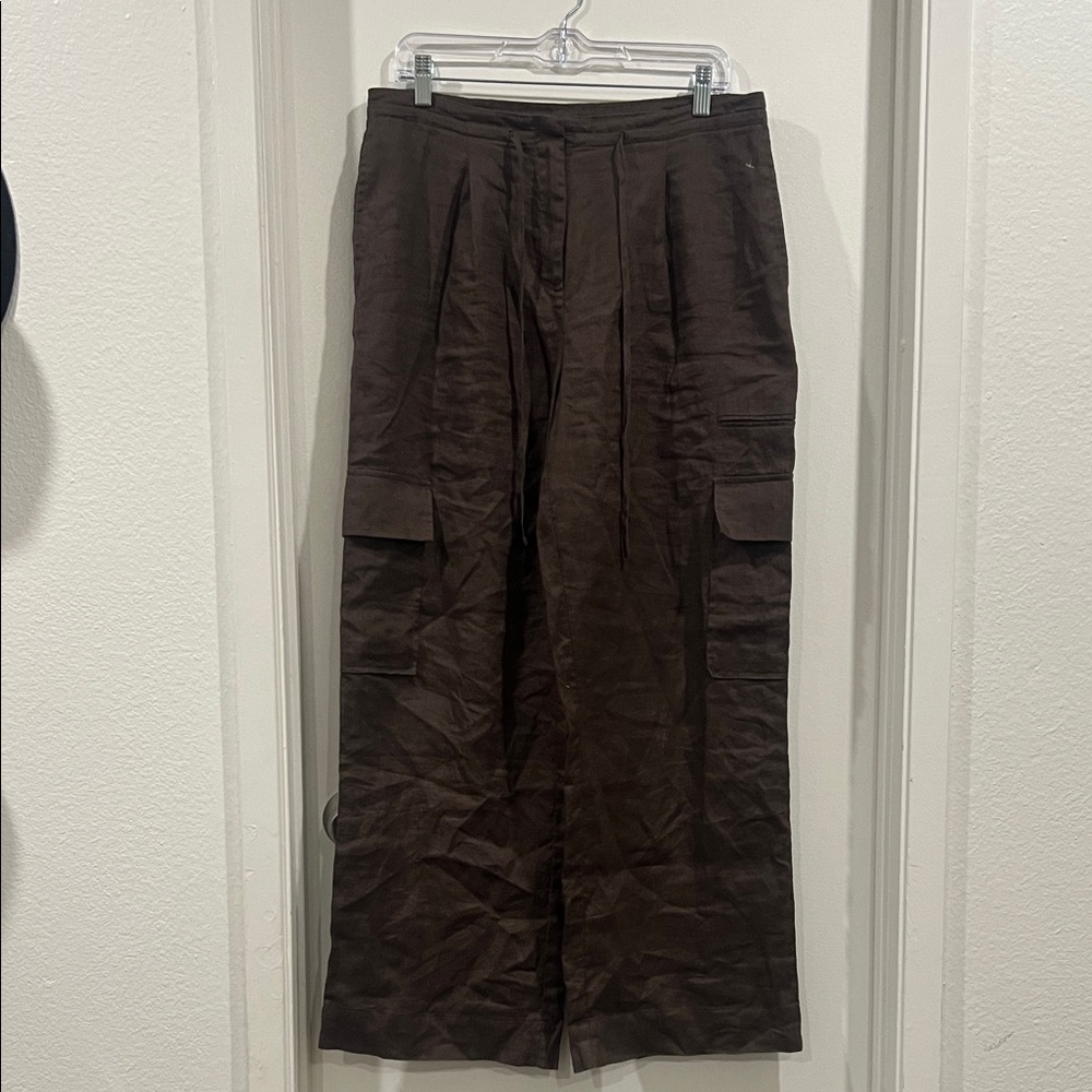 Mango Dark Brown Wide Leg 100% Linen Cargo Wide Leg Pants